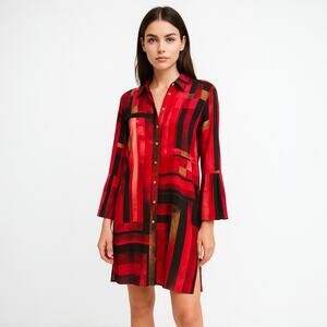 Rafaella Multicolor Geometric Print Button Up Bell Sleeve Midi Shirt Dress Sz 6